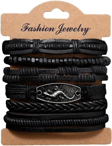 Berné 6-Pack Wrap Bracelets for Men Boys Teens, Real Boho Leather Nylon Strings Multi-Layer Ethnic Tribal Handmade Wristband Bracelet Set in Kuwait