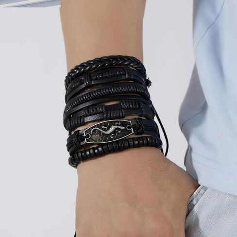 Berné 6-Pack Wrap Bracelets for Men Boys Teens, Real Boho Leather Nylon Strings Multi-Layer Ethnic Tribal Handmade Wristband Bracelet Set in Kuwait