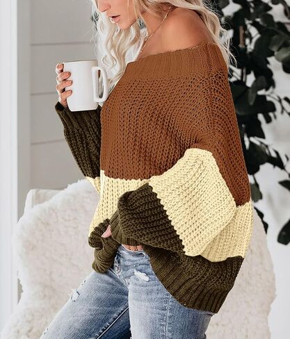 Maisolly Women's Off The Shoulder Color Block Pullover Sweater in Saudi Arabia