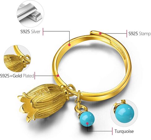 Lotus Fun 925 Sterling Silver Rings Natural Lapis Gemstone Fresh Redbud Bell Flower Open Ring Handmade Jewelry Unique Gifts for Women and Girls in Kuwait