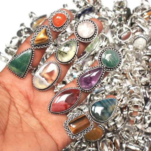 Silver Boho Rings for Women - 5 Pcs Chunky Silver Rings for Women - Fashion Ring Set, Silver Plated Statement Knuckle Rings, Handmade Gemstone Rings for Girls - Stackable Gothic Vintage Rings Pack, in Kuwait