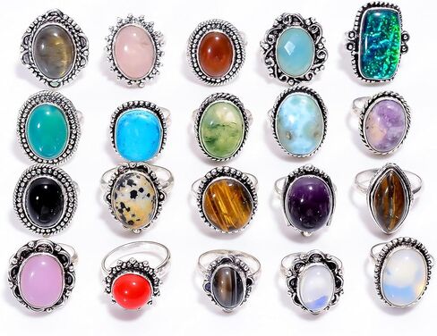 Silver Boho Rings for Women - 5 Pcs Chunky Silver Rings for Women - Fashion Ring Set, Silver Plated Statement Knuckle Rings, Handmade Gemstone Rings for Girls - Stackable Gothic Vintage Rings Pack, in Kuwait