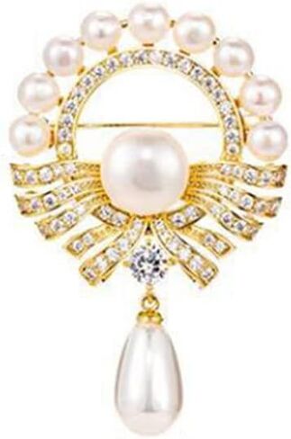 Pearl Brooch Elegant Faux Pearl Floral Crystal Brooch Vintage Pearl Circle Corsage Hollow Flower Pearl Pendant Brooch Suitable for Wedding Banquet Anniversary, Metal, no gemstone in Kuwait