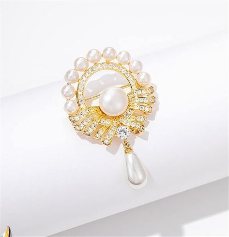 Pearl Brooch Elegant Faux Pearl Floral Crystal Brooch Vintage Pearl Circle Corsage Hollow Flower Pearl Pendant Brooch Suitable for Wedding Banquet Anniversary, Metal, no gemstone in Kuwait