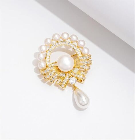 Pearl Brooch Elegant Faux Pearl Floral Crystal Brooch Vintage Pearl Circle Corsage Hollow Flower Pearl Pendant Brooch Suitable for Wedding Banquet Anniversary, Metal, no gemstone in Kuwait