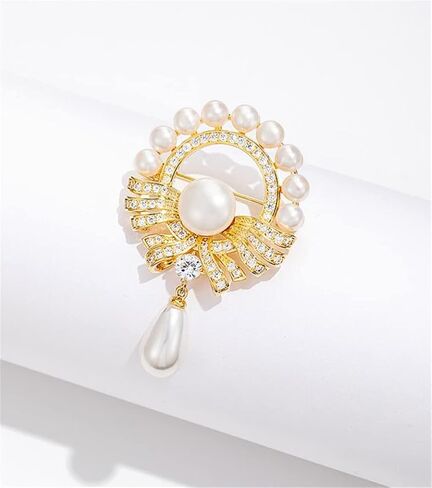Pearl Brooch Elegant Faux Pearl Floral Crystal Brooch Vintage Pearl Circle Corsage Hollow Flower Pearl Pendant Brooch Suitable for Wedding Banquet Anniversary, Metal, no gemstone in Kuwait