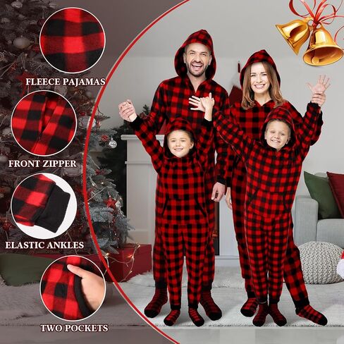 Christmas Matching Family Pajamas Sets Buffalo Plaid Couple Hoodie Zipper Jumpsuit with Pockets and Sock in Kuwait