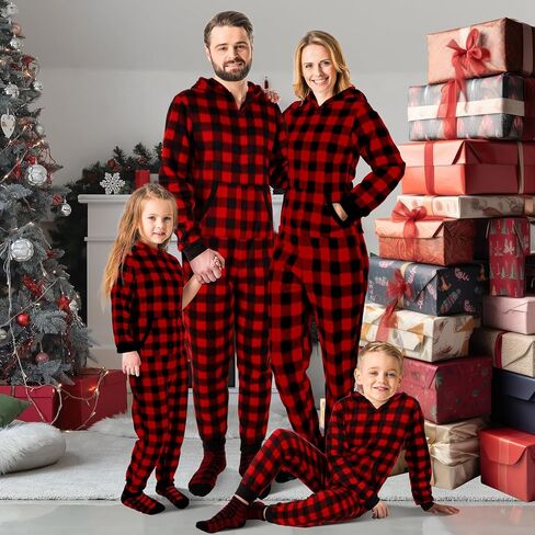 Christmas Matching Family Pajamas Sets Buffalo Plaid Couple Hoodie Zipper Jumpsuit with Pockets and Sock in Kuwait