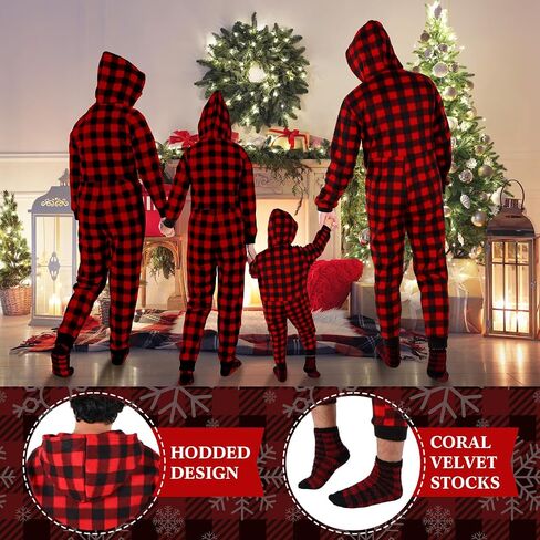 Christmas Matching Family Pajamas Sets Buffalo Plaid Couple Hoodie Zipper Jumpsuit with Pockets and Sock in Kuwait