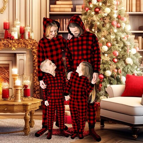 Christmas Matching Family Pajamas Sets Buffalo Plaid Couple Hoodie Zipper Jumpsuit with Pockets and Sock in Kuwait