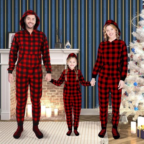 Christmas Matching Family Pajamas Sets Buffalo Plaid Couple Hoodie Zipper Jumpsuit with Pockets and Sock in Kuwait
