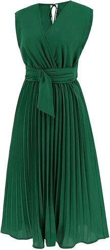 CHICWISH Women's Orange/Green/Black Sash Adorned Pleated Wrap Sleeveless Dress in Saudi Arabia
