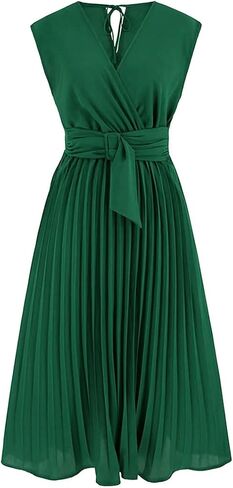 CHICWISH Women's Orange/Green/Black Sash Adorned Pleated Wrap Sleeveless Dress in Saudi Arabia