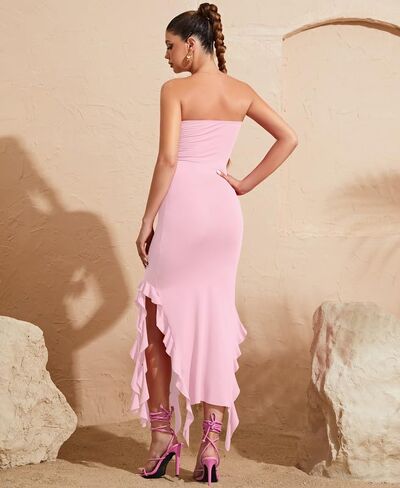 Dreay Womens Y2K Strapless Ruffle Trim Split Thigh Tube Dress Sexy Tube Dress for Women Summer in Kuwait
