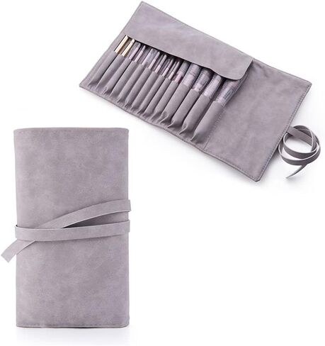 14 Pockets Makeup Brush Travel Rolling Case Gray Waterproof Cosmetic Travel Bag Brushes Pouch Holder, Premium Leather Brush Organizer with Belt Strap for Women Girls, NO BRUSHES. in Saudi Arabia