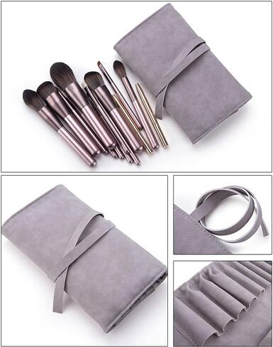 14 Pockets Makeup Brush Travel Rolling Case Gray Waterproof Cosmetic Travel Bag Brushes Pouch Holder, Premium Leather Brush Organizer with Belt Strap for Women Girls, NO BRUSHES. in Saudi Arabia