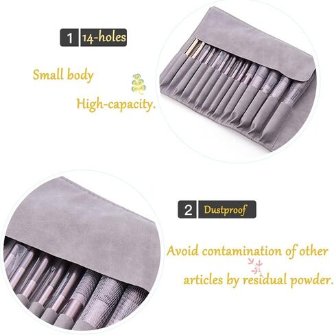 14 Pockets Makeup Brush Travel Rolling Case Gray Waterproof Cosmetic Travel Bag Brushes Pouch Holder, Premium Leather Brush Organizer with Belt Strap for Women Girls, NO BRUSHES. in Saudi Arabia