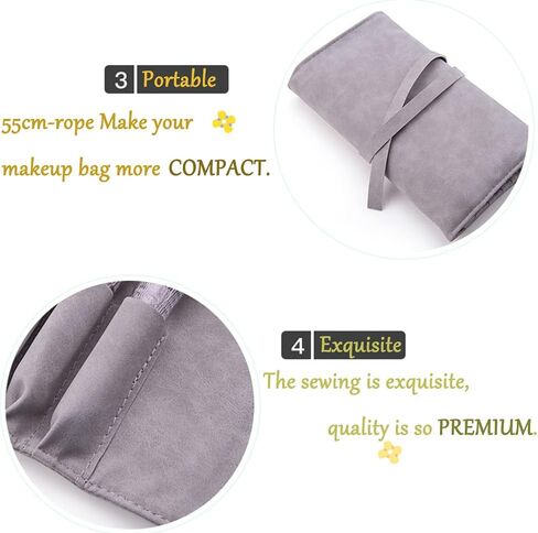 14 Pockets Makeup Brush Travel Rolling Case Gray Waterproof Cosmetic Travel Bag Brushes Pouch Holder, Premium Leather Brush Organizer with Belt Strap for Women Girls, NO BRUSHES. in Saudi Arabia
