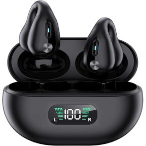 Wireless Earphone Earbuds Headphones with Earhooks Clip-on Earphone BT5.3 Headset with HiFi Stereo Built-in Mic Headset for Workout Built-in 350mAh Battery Black