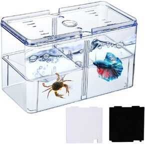 Small Betta Fish Tank, 3-in-1 Stackable Mini Fish Tank, Divided Compartments Beta Fish Tanks for 2 Betas Shrimp Sea Monkeys, 0.4 Gallon Acrylic Tiny Aquarium Tank with Hatchery Incubator