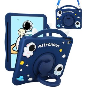 for iPad Air 6th Generation 11 inch M2 2024, iPad 10th Gen 10.9 inch 2022 Case Cute Kids Kawaii Cover Boys 3D Cartoon Astronaut with Rotating Handle Stand & Strap Soft Silicone Case