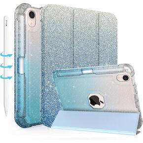 TIMISM iPad Mini 6 Case 2021, iPad Mini 6th Generation Case with Pencil Charging Holder, Smart Sleep/Wake, Glitter Sparkly Cover, Shiny Clear Back Trifold Stand Folio Case, Gradient Ice Blue