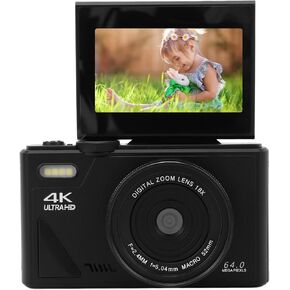 Digital Camera with Flip Screen LCD, UHD 4K 64MP Camera, Digital Point and Shoot Camera with 18X Zoom, Vlogging Camera for Travel Photography Vlogging (Black)