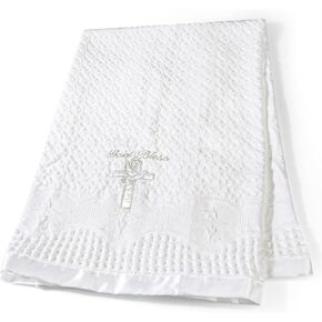 Baby Blanket for Boys Girls Soft White Knitted Baptism Christening Shawl Receiving Swaddle Crochet Blankets Towel for Neutral Baby Newborns Toddler