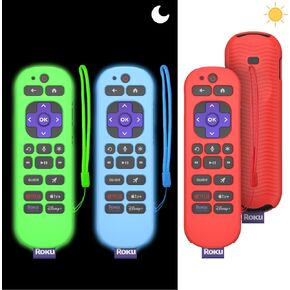 3 Pcs Silicone Remote Case Cover for Roku Voice Remote Pro (2nd Ed.), Anti Slip Shockproof Remote Protective Sleeve for RCB1R(2024) with Lanyard (Purple+Glow Blue+Glow Green)