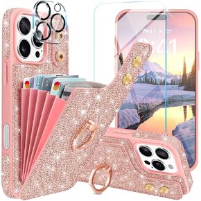 for iPhone 16 Pro Case Wallet, with [Screen Protector+Camera Lens Protector] Glitter 5 Card Holder&360° Ring Stand PU Leather Cute Flip Shockproof Cover for iPhone 16 Pro,6.3 Inch,Rose Gold
