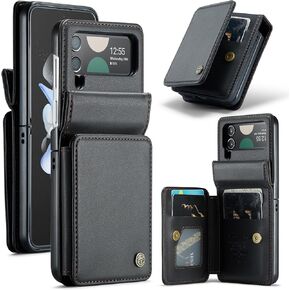 حافظة محفظة لهاتف Samsung Galaxy Z Flip 4 مع خاصية حجب RFID و4 حامل لبطاقات الائتمان، غطاء واقٍ شديد التحمل مضاد للصدمات من الجلد المتين الممتاز. - أسود