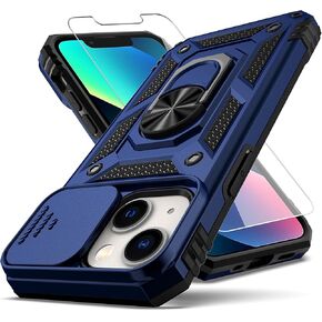 for iPhone 13 Mini Case,with Camera Lens Cover HD Screen Protector,[Military Grade] Ring Car Mount Kickstand Hybrid Hard PC Soft TPU Shockproof Protective Case for iPhone 13 Mini, Blue