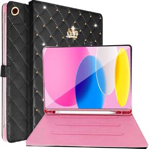 for iPad 10.2 Case 9th/8th/7th Generation (2021/2020/2019) with Pencil Holder,Cute Crown Bling Diamond Elegant PU Leather Smart Auto Sleep/Wake Stand Protective Case for iPad 10.2Inch (Black)