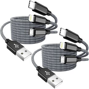 Multi Charging Cable USB Charger Cable 3 in 1 (4ft, 2Pack) for Apple Charging Cord Nylon Braided Universal Charging Wire with Lightning, Type-C, Micro USB, IP Port for Most Phones/iPhones/Tablets