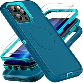 for iPhone 13 Pro Case, Military Grade 3 in 1 Heavy Duty Shockproof/Drop Proof/Dust Proof Case with 2Pcs Tempered Glass Screen Protector (Black/Grey)