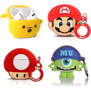 (4Pack) Case for AirPods Pro 2nd/1st Generation (2022/2019) with Carabiner, Suublg Cute Skin Design Silicone Cartoon Charging Case Protective Covers for Boys Girls (MN+MC+MrQ+Monster)