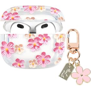 Fycyko for AirPods 3rd Gen Case,Clear Cute Flower Floral Design for AirPods Case with Keychain Aesthetic Women Girl Soft TPU Protective Cover for Airpods 3-Pink