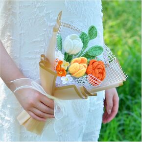 Tulips Crochet Flower Bouquet,Completed Knitted Flowers with Finished Exquisite Wrap,Crochet Tulip Flower Bouquet,Artificial Flowers Bouquet Gift for Wife Girlfriend Women Home Office Decor