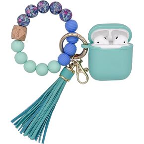 Key Chain Bracelet Wristlet Silicon Beaded Key Ring Keys Holder Bangle Bracelet with AirPod Case Compatible with AirPods 2nd 1st Generation for Women, Girls (Light Blue)