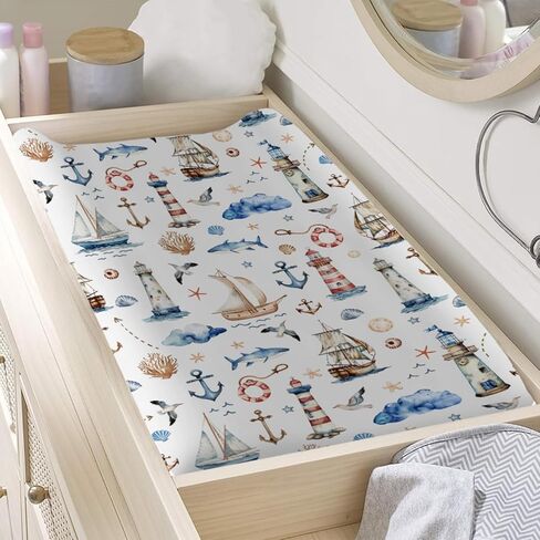 Watercolor Sailing Adventure Baby Changing Pad Covers Nautical Life Lighthouse Boat Anchor Changing Table Sheets for Boy Girl Beach Summer Soft Stretchy Snug Fitted Changing Pad Mats Sheets 32''x16'' in Saudi Arabia