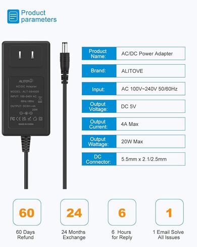 ALITOVE DC 5V مزود الطاقة 5 فولت 4A 20W محول الطاقة 5 Vdc 4Amp AC إلى DC محول محول متوافق 3A 2A 1A مع مقبس إخراج تيار مستمر 5.5 × 2.5 مم لطابعة LED ثلاثية الأبعاد كاميرا CCTV جهاز توجيه لاسلكي in Kuwait