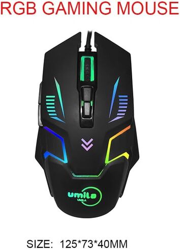 UMILA Wired Mouse Gamer، أجهزة كمبيوتر محمولة ذات ماوس سلكي، ماوس ألعاب للكمبيوتر الشخصي مع سلك، 7 ألوان RGB بإضاءة خلفية، ما يصل إلى 8000 نقطة في البوصة، لنظام التشغيل Windows، Vista، Linux، أسود in Kuwait
