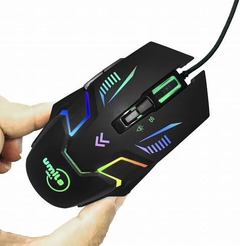 UMILA Wired Mouse Gamer، أجهزة كمبيوتر محمولة ذات ماوس سلكي، ماوس ألعاب للكمبيوتر الشخصي مع سلك، 7 ألوان RGB بإضاءة خلفية، ما يصل إلى 8000 نقطة في البوصة، لنظام التشغيل Windows، Vista، Linux، أسود in Kuwait