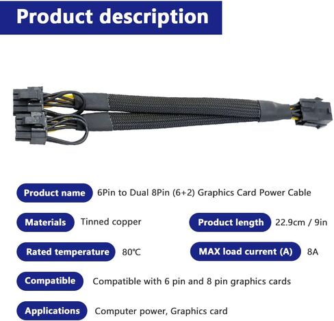 2 حزمة 18AWG GPU VGA PCI-e 6Pin أنثى إلى ثنائي 8(6+2) دبوس ذكر بطاقة فيديو جرافيك PCI Express محول الطاقة Y-Splitter تمديد كابل مضفر الأكمام 9 بوصة (23 سم) in Saudi Arabia