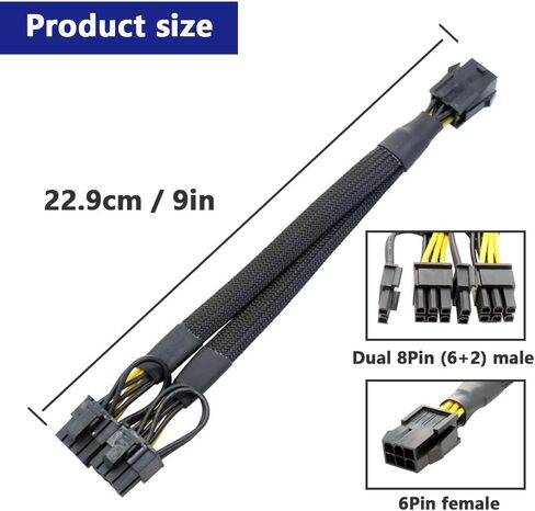 2 حزمة 18AWG GPU VGA PCI-e 6Pin أنثى إلى ثنائي 8(6+2) دبوس ذكر بطاقة فيديو جرافيك PCI Express محول الطاقة Y-Splitter تمديد كابل مضفر الأكمام 9 بوصة (23 سم) in Saudi Arabia