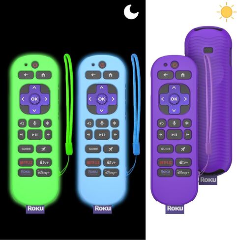 3 Pcs Silicone Remote Case Cover for Roku Voice Remote Pro (2nd Ed.), Anti Slip Shockproof Remote Protective Sleeve for RCB1R(2024) with Lanyard (Purple+Glow Blue+Glow Green) in Saudi Arabia