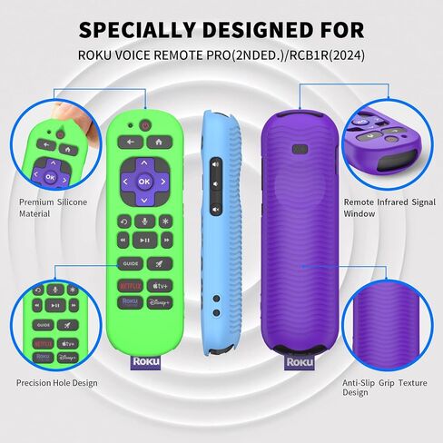 3 Pcs Silicone Remote Case Cover for Roku Voice Remote Pro (2nd Ed.), Anti Slip Shockproof Remote Protective Sleeve for RCB1R(2024) with Lanyard (Purple+Glow Blue+Glow Green) in Saudi Arabia