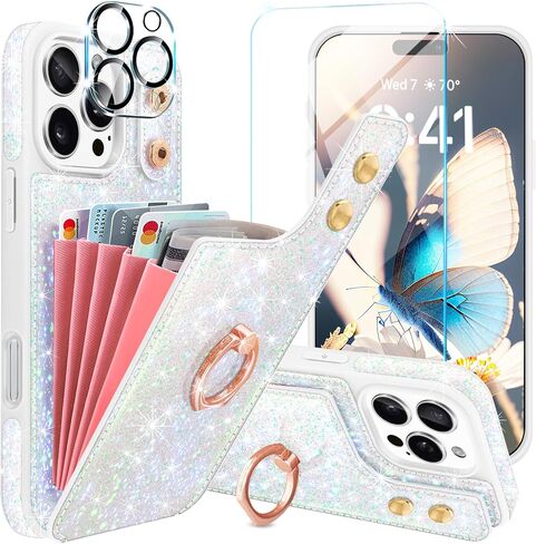 for iPhone 16 Pro Case Wallet, with [Screen Protector+Camera Lens Protector] Glitter 5 Card Holder&360° Ring Stand PU Leather Cute Flip Shockproof Cover for iPhone 16 Pro,6.3 Inch,Rose Gold in Saudi Arabia
