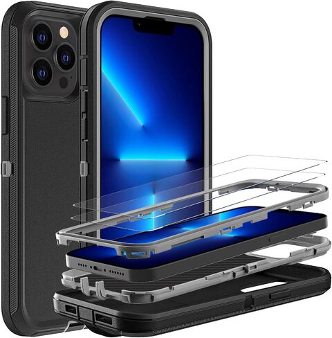 حافظة لهاتف iPhone 13 Pro، حافظة متينة من الدرجة العسكرية 3 في 1 مقاومة للصدمات/السقوط/الغبار مع قطعتين من واقي الشاشة الزجاجي المقوى (أسود/رمادي) in Saudi Arabia