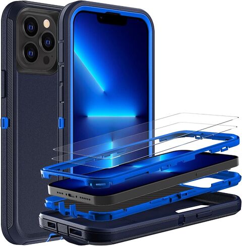 حافظة لهاتف iPhone 13 Pro، حافظة متينة من الدرجة العسكرية 3 في 1 مقاومة للصدمات/السقوط/الغبار مع قطعتين من واقي الشاشة الزجاجي المقوى (أسود/رمادي) in Saudi Arabia